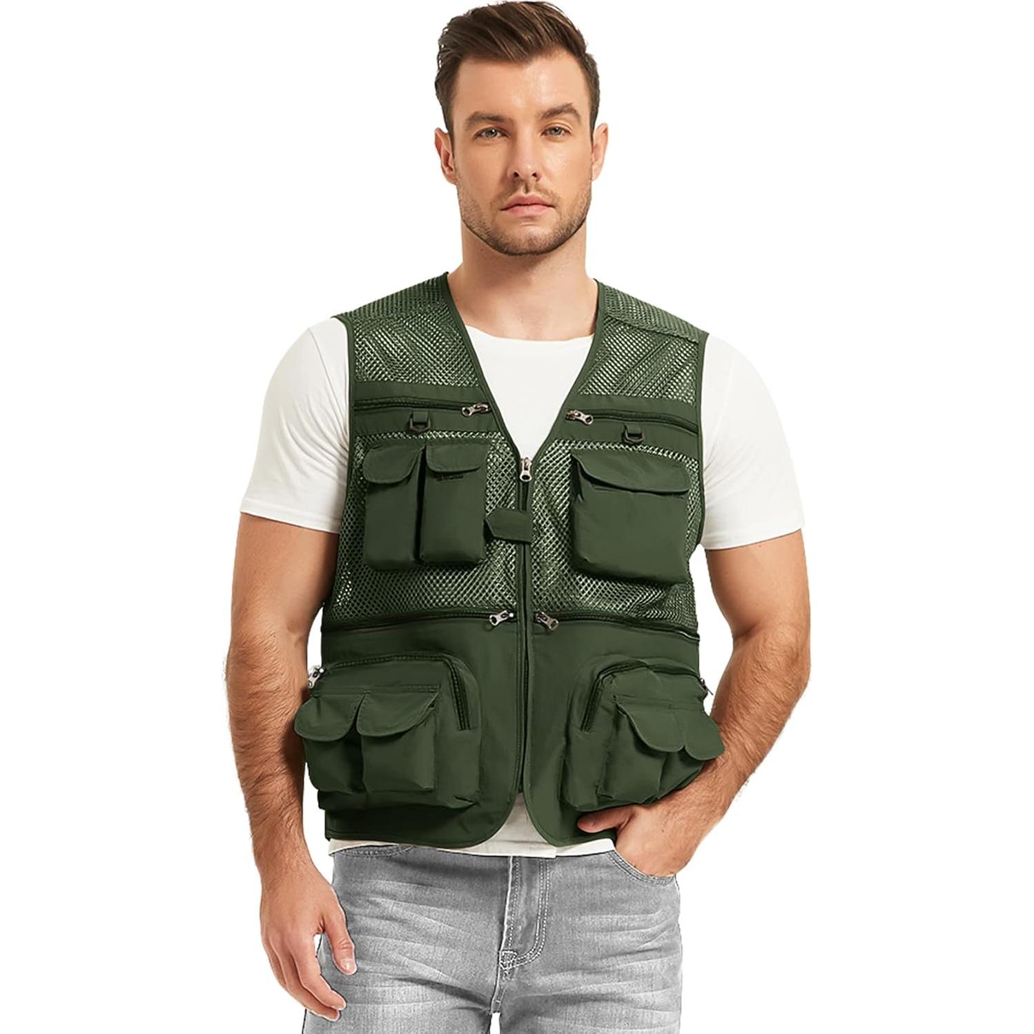 Chaleco de Pesca Flygo para Hombre 16 Bolsillos Verde Ejercito