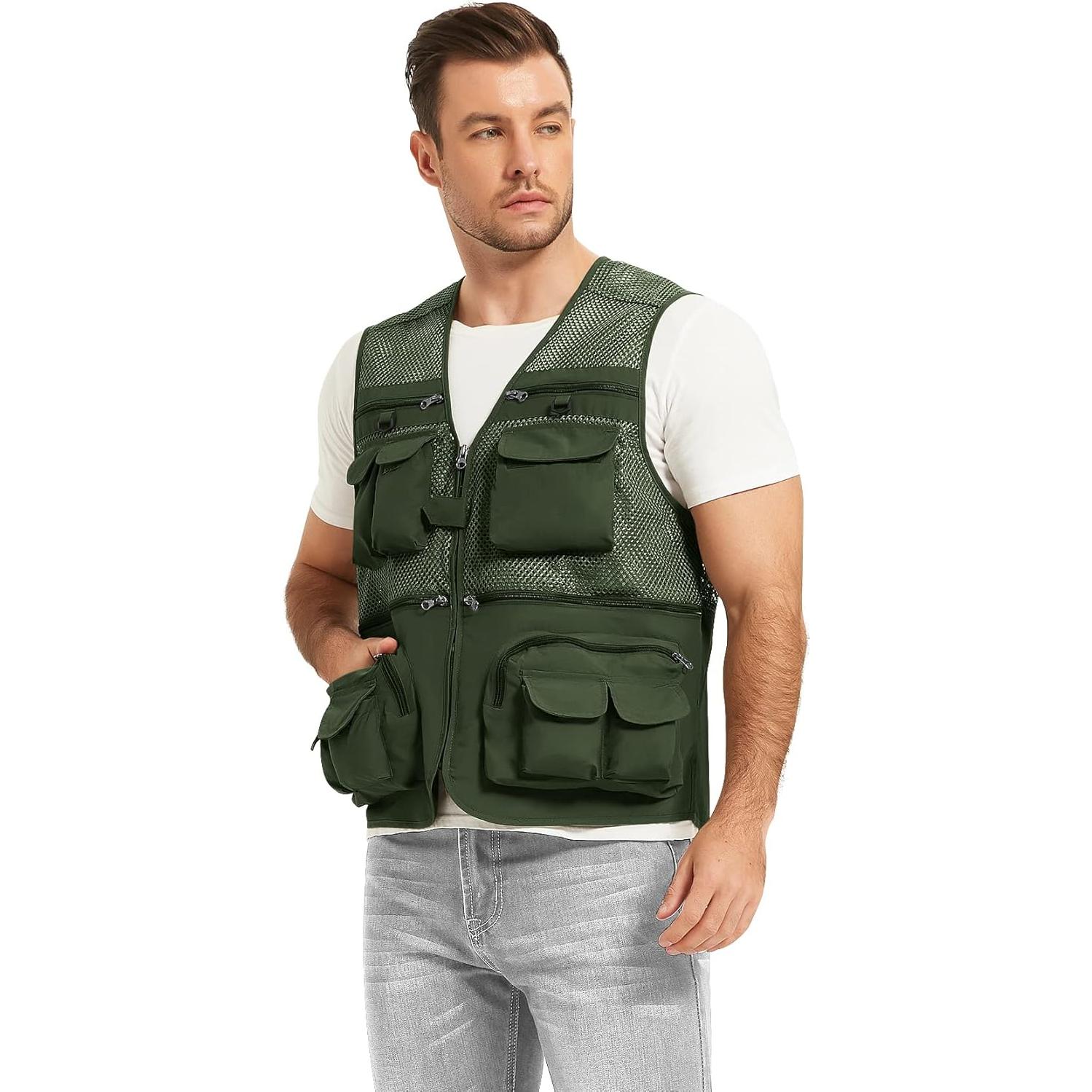 Chaleco de Pesca Flygo para Hombre 16 Bolsillos Verde Ejercito