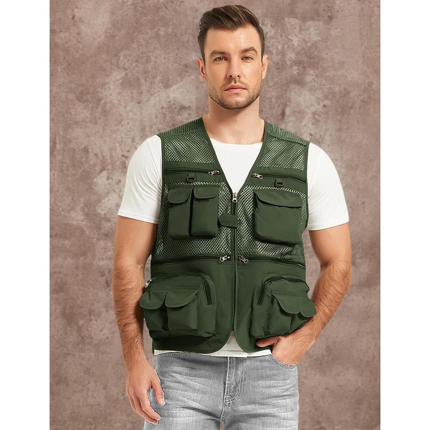Chaleco de Pesca Flygo para Hombre 16 Bolsillos Verde Ejercito