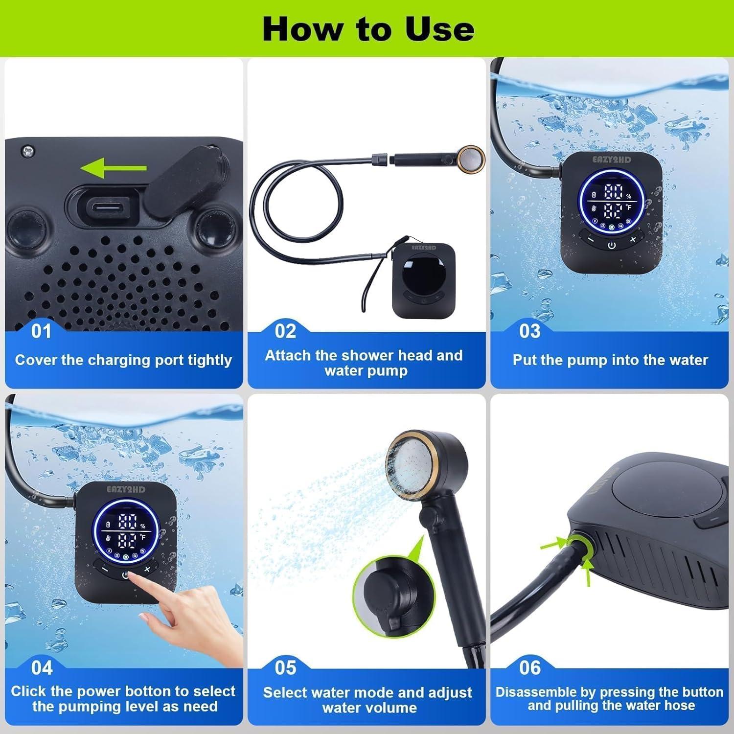 Ducha Portátil Eazy2hD 8000mAh IPX8 4 Modos Camping