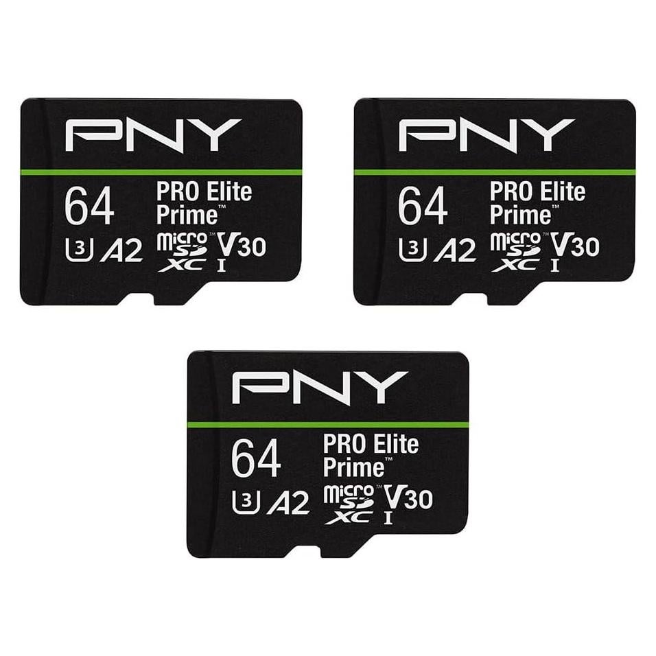 PNY 64GB PRO Elite Prime C10 U3 V30 A2 microSDXC Flash Memory Card – Ultra-Fast Speeds, Read 200MB/s, Write 110MB/s, 4K UHD, Full HD, UHS-I, for Smartphones, Drones, Action Cameras, 3-Pack