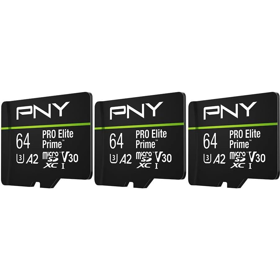 PNY 64GB PRO Elite Prime C10 U3 V30 A2 microSDXC Flash Memory Card – Ultra-Fast Speeds, Read 200MB/s, Write 110MB/s, 4K UHD, Full HD, UHS-I, for Smartphones, Drones, Action Cameras, 3-Pack
