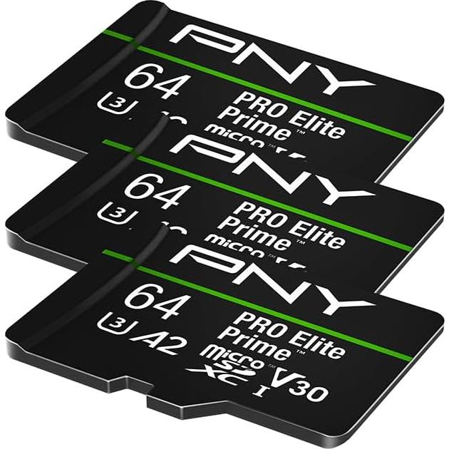 PNY 64GB PRO Elite Prime C10 U3 V30 A2 microSDXC Flash Memory Card – Ultra-Fast Speeds, Read 200MB/s, Write 110MB/s, 4K UHD, Full HD, UHS-I, for Smartphones, Drones, Action Cameras, 3-Pack