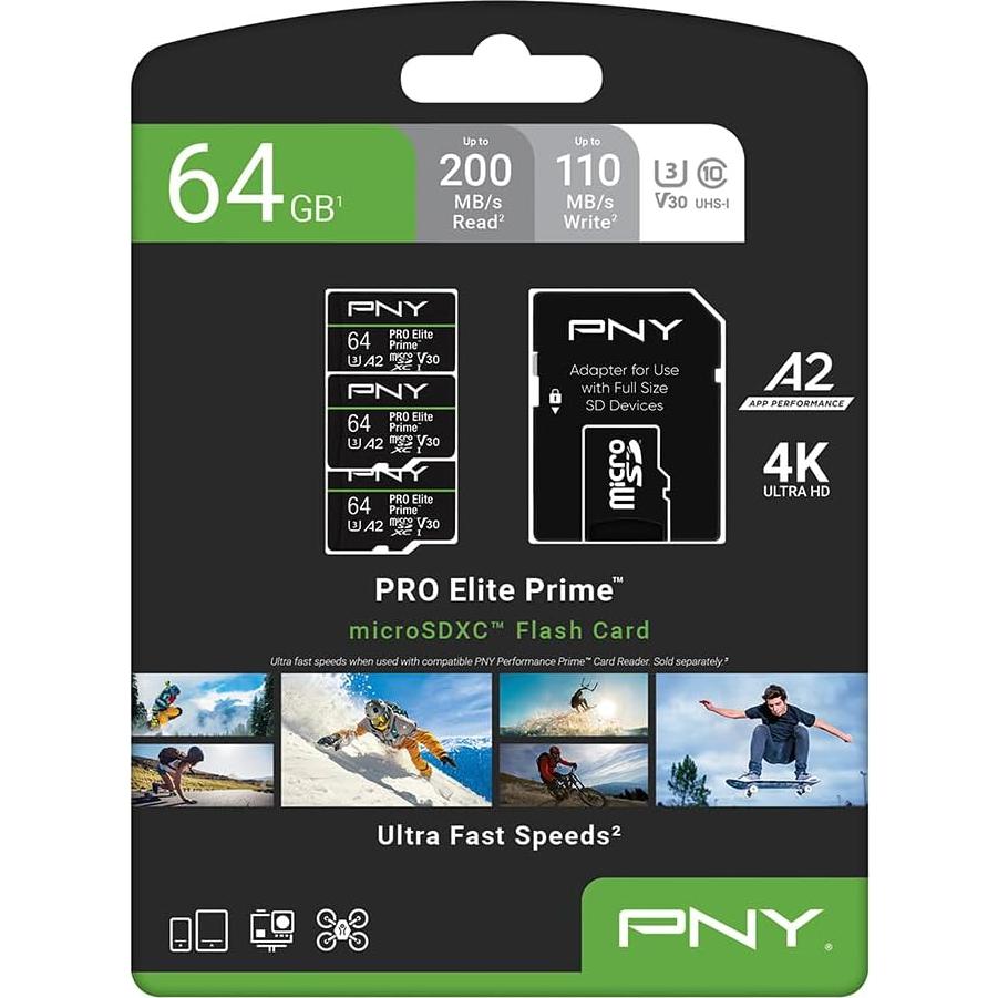 PNY 64GB PRO Elite Prime C10 U3 V30 A2 microSDXC Flash Memory Card – Ultra-Fast Speeds, Read 200MB/s, Write 110MB/s, 4K UHD, Full HD, UHS-I, for Smartphones, Drones, Action Cameras, 3-Pack