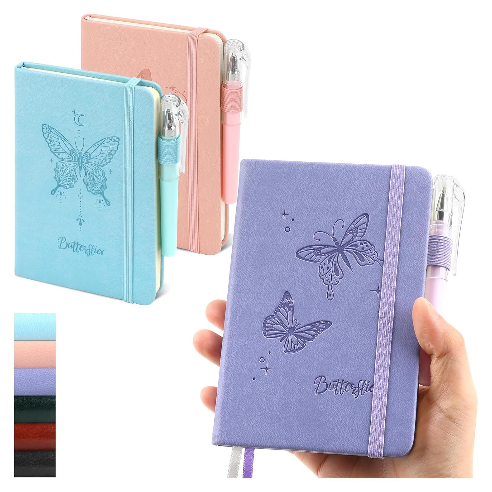 Small Notebook College Ruled, 3 Pack (3 color) 3.7x5.7 in Pocket Notebook A6 Butterfly Journaling Notebooks Mini Hardcover Lined Note Pads with Pens for Work Business Travel and Office Supplies