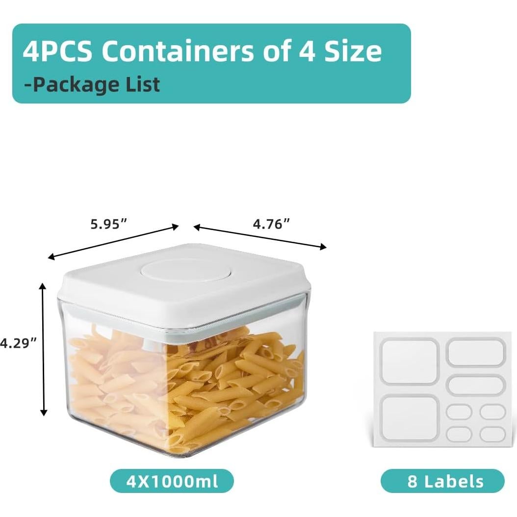 Ankou Airtight Container Set (1000ml 4 Pcs) Stackable One Press Openning Food Containers for Snacks Sugar Salt Herbs Spices Coffee Bean Formula Popcorn BPA-Free Tight Seal - Clear (1.0 QT * 4)