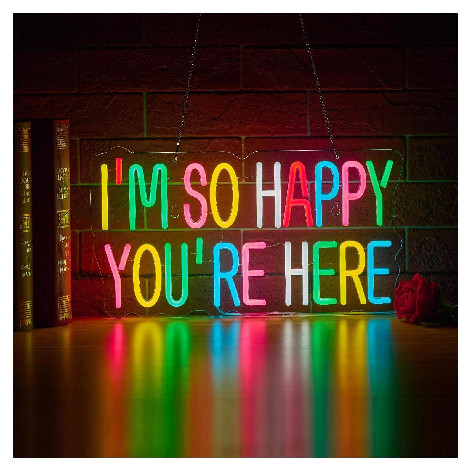 Letrero de neón LED Rosa 'Estoy tan feliz de que estés aquí' 43x25 cm