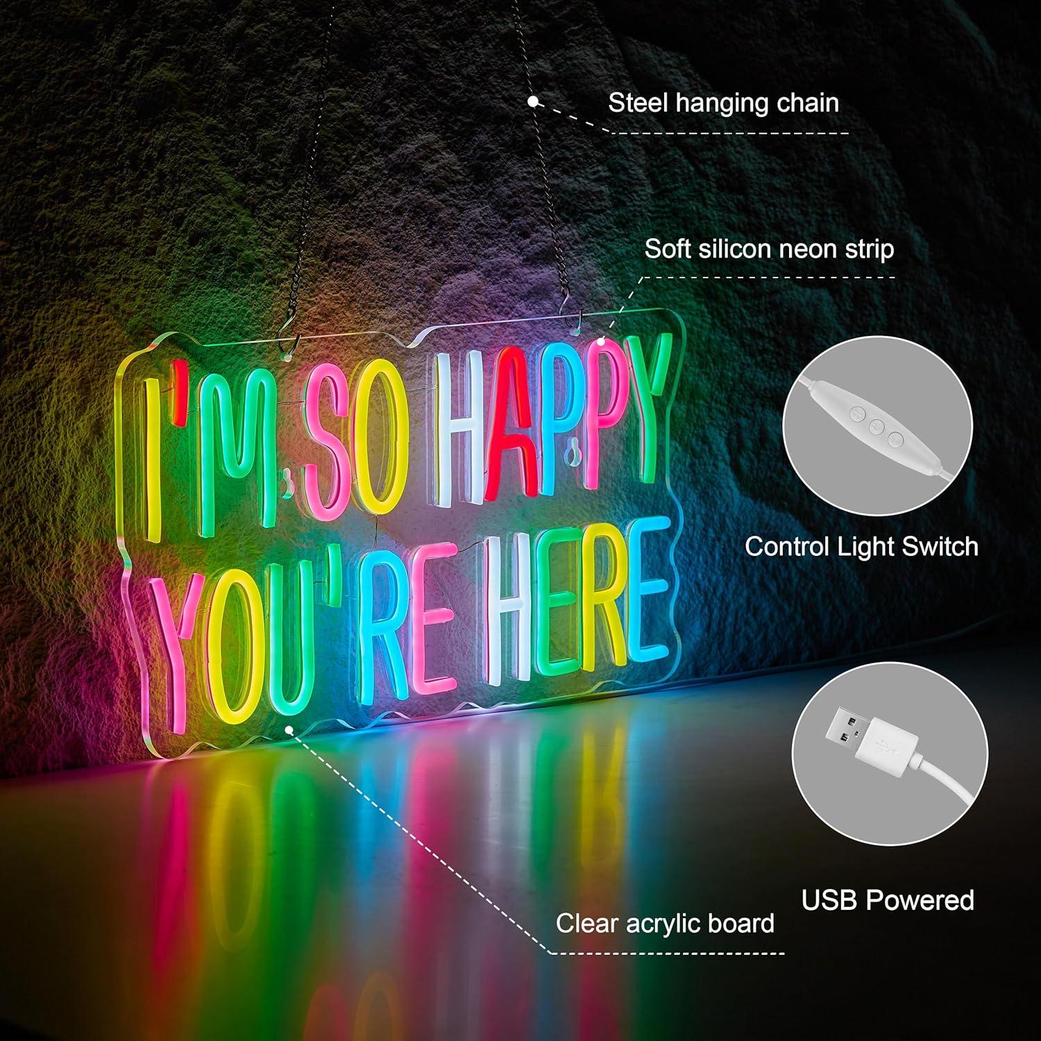 Letrero de neón LED Rosa 'Estoy tan feliz de que estés aquí' 43x25 cm