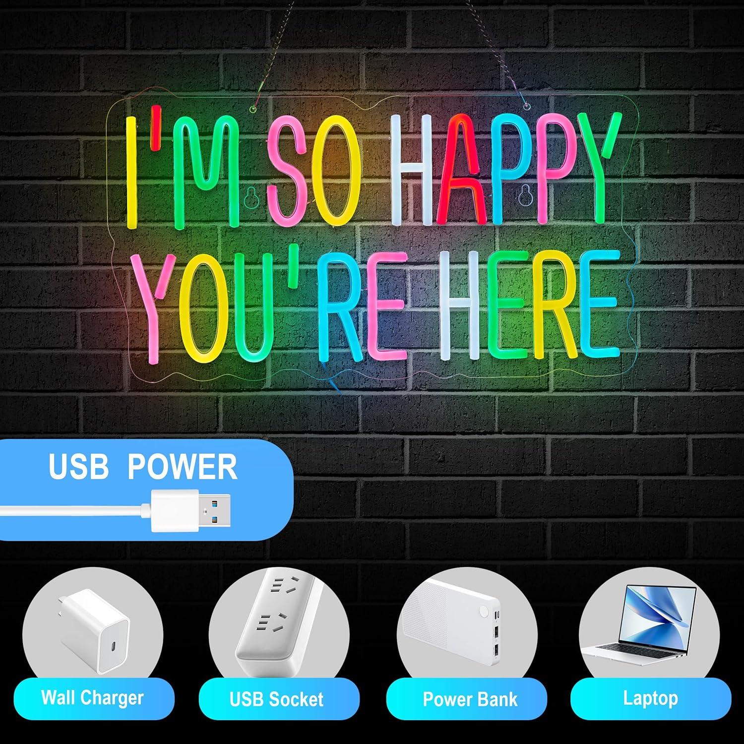 Letrero de neón LED Rosa 'Estoy tan feliz de que estés aquí' 43x25 cm