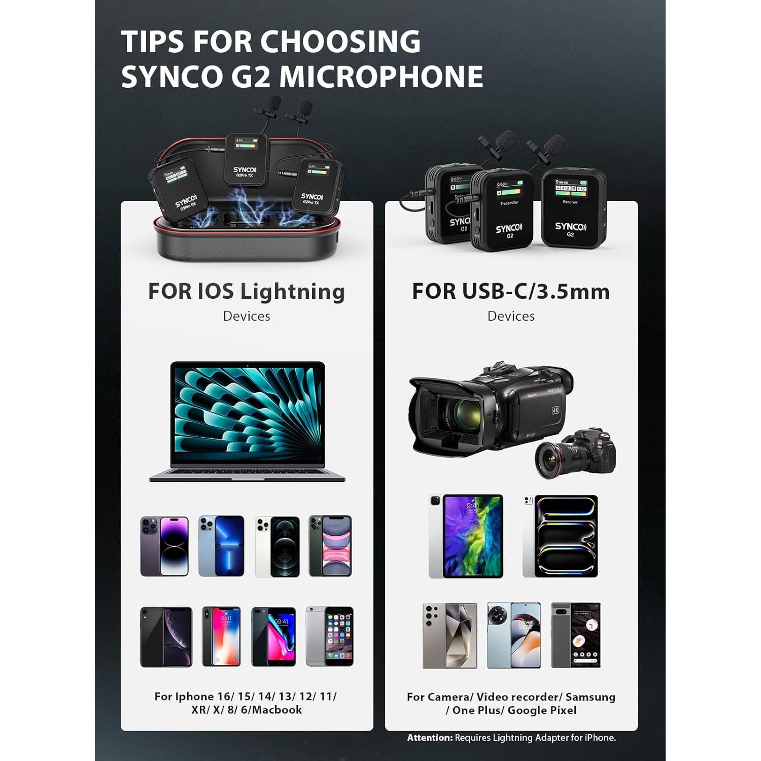 Micrófono Lavalier Inalámbrico SYNCO G2(A2) PRO Doble Canal