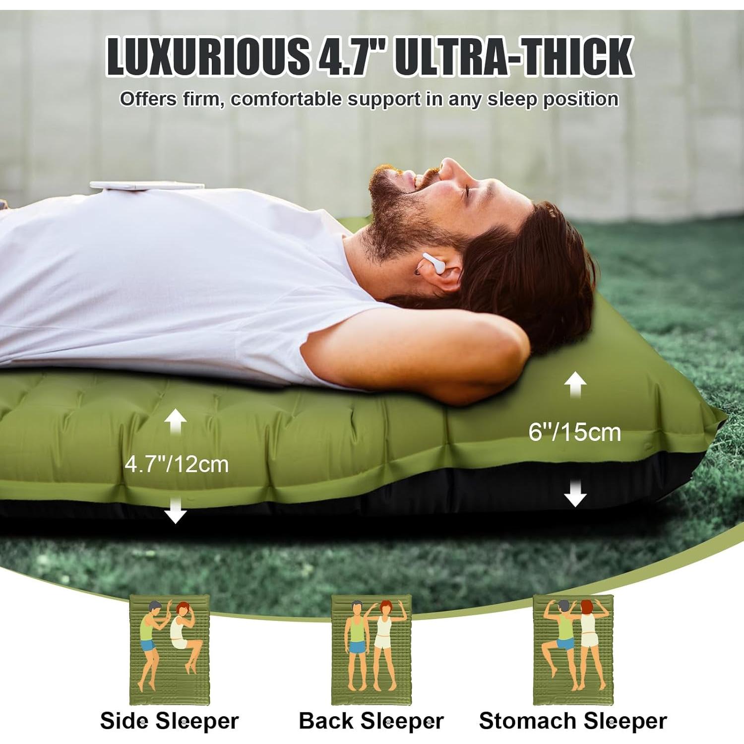 Double Sleeping Pad, Self Inflating 4.7'' Extra Thick for 2 Person Built-in Pump, Portable Camping Mattress Sleeping Mat for Backpacking Hiking Tent Travel