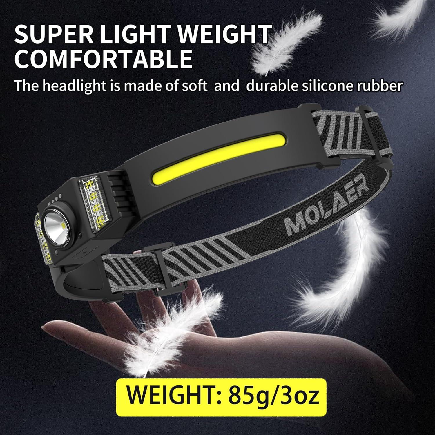 Headlamp Rechargeable, 270° Wide Beam Bright LED Head Lamp with Motion Sensor for Adults, Lightweight, Weatherproof, White Red Light Source Headlight Flashlight for Outdoor Camping Running