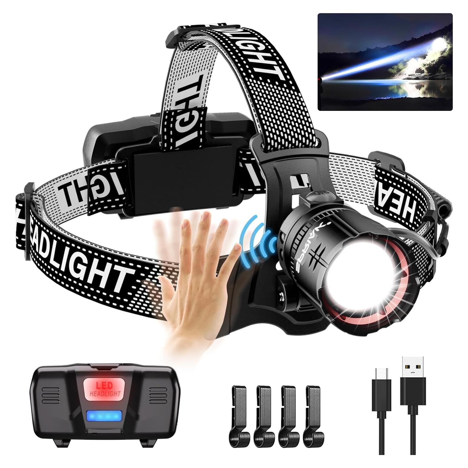 High Lumens LED Headlamp& 100H Using Time, USB Rechargeable Head lamp, 90° Adjustable Widebeam Motion Sensor Head Light with 5 Modes,Zoomable for Camping Running Hiking, Hard Hat Headlamps 1pc