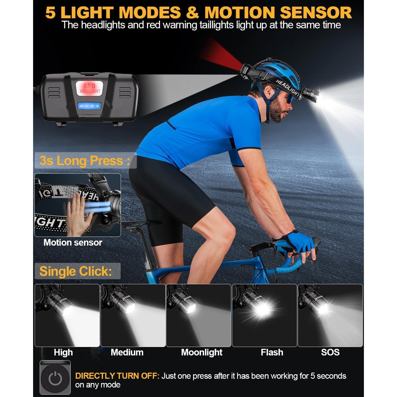 High Lumens LED Headlamp& 100H Using Time, USB Rechargeable Head lamp, 90° Adjustable Widebeam Motion Sensor Head Light with 5 Modes,Zoomable for Camping Running Hiking, Hard Hat Headlamps 1pc