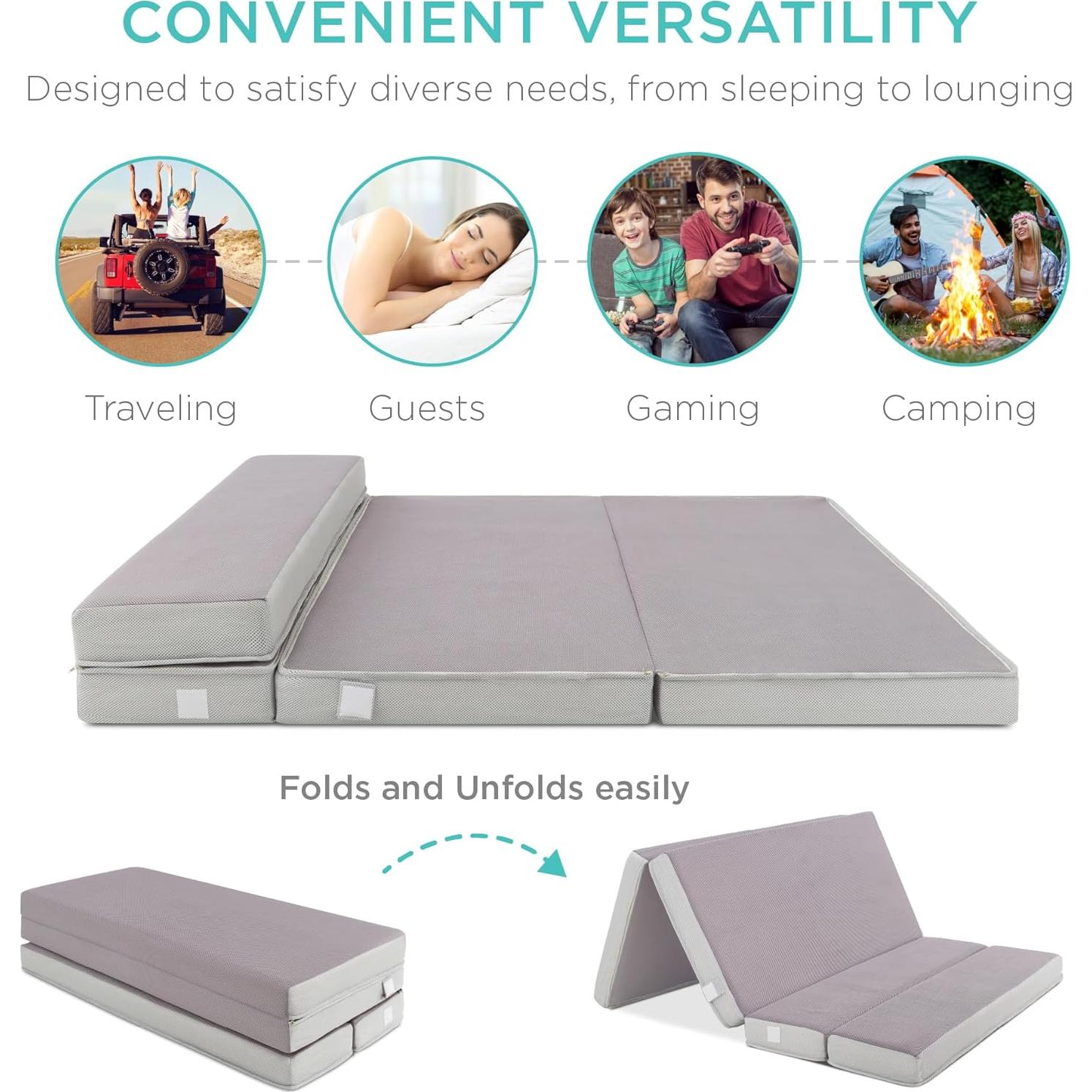 Colchón Plegable Portátil 10 cm Twin XL - Espuma Suave Gris