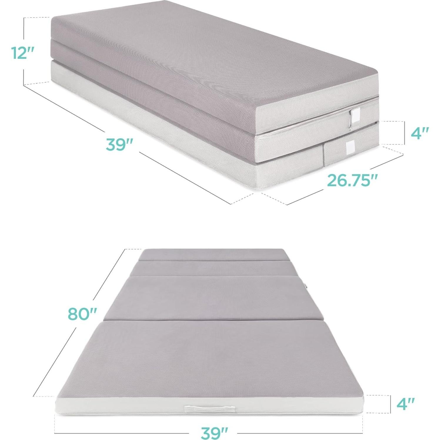 Colchón Plegable Portátil 10 cm Twin XL - Espuma Suave Gris