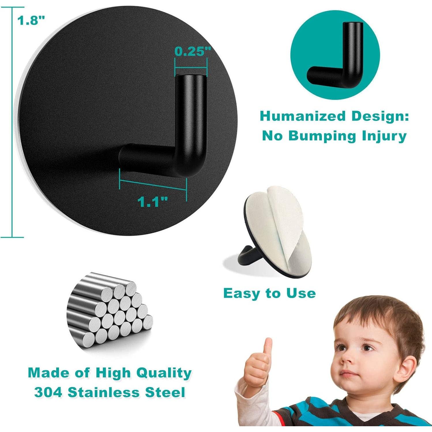 Ganchos Adhesivos de Acero Inoxidable 304 Negro 2 Pcs