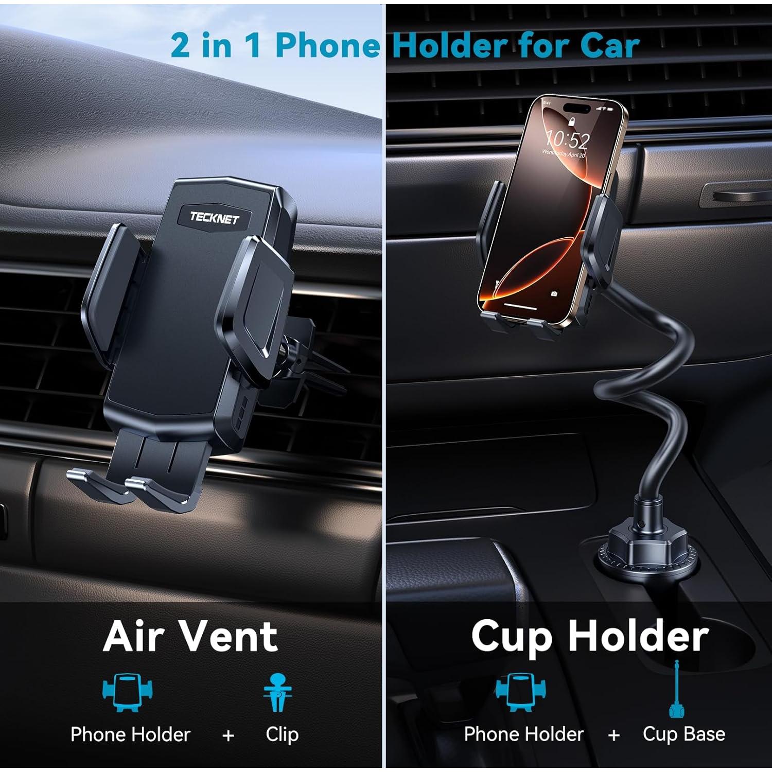 TECKNET Universal Car Cup Phone Holder – Adjustable Cradle Car Mount with Air Vent Phone Mount & Extra Grip Pads for iPhone, Samsung, All Smartphone