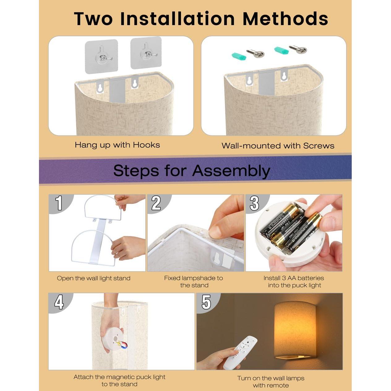 Juego de 2 Apliques de Pared Inalámbricos Jantolumi con Control Remoto