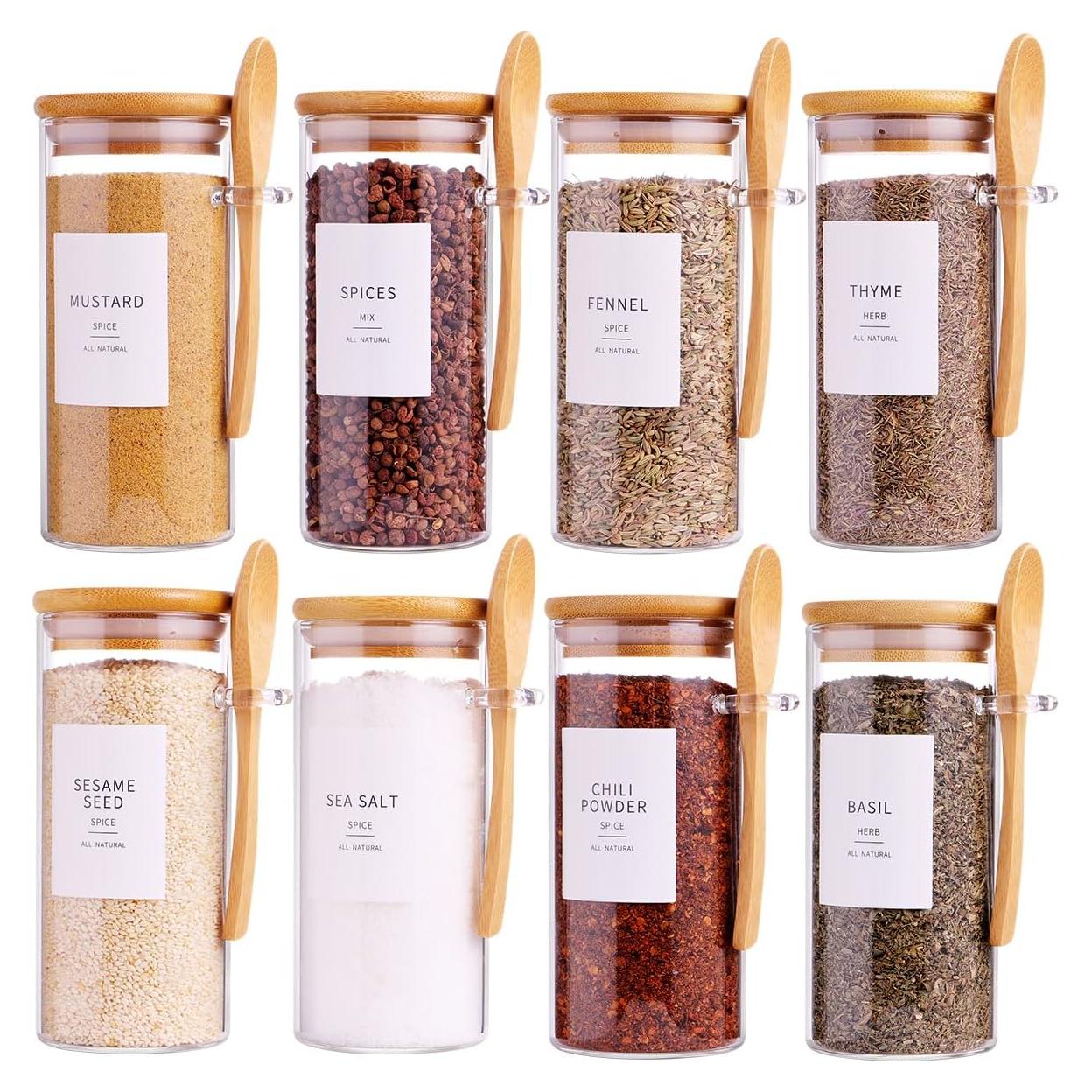 8 Pcs Glass Containers with Bamboo Lids and Spoons - 10 oz Sugar Container with 148 Kitchen Pantry Spice Jar Labels Preprinted - Glass Spice Jars with Wooden Lids Hold Coffee, Tea, Candy, Herbs