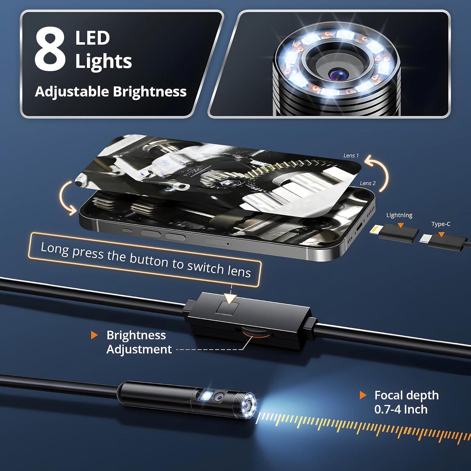 Borescopio Doble Lente Fulljion 1920P con Luz LED 5m