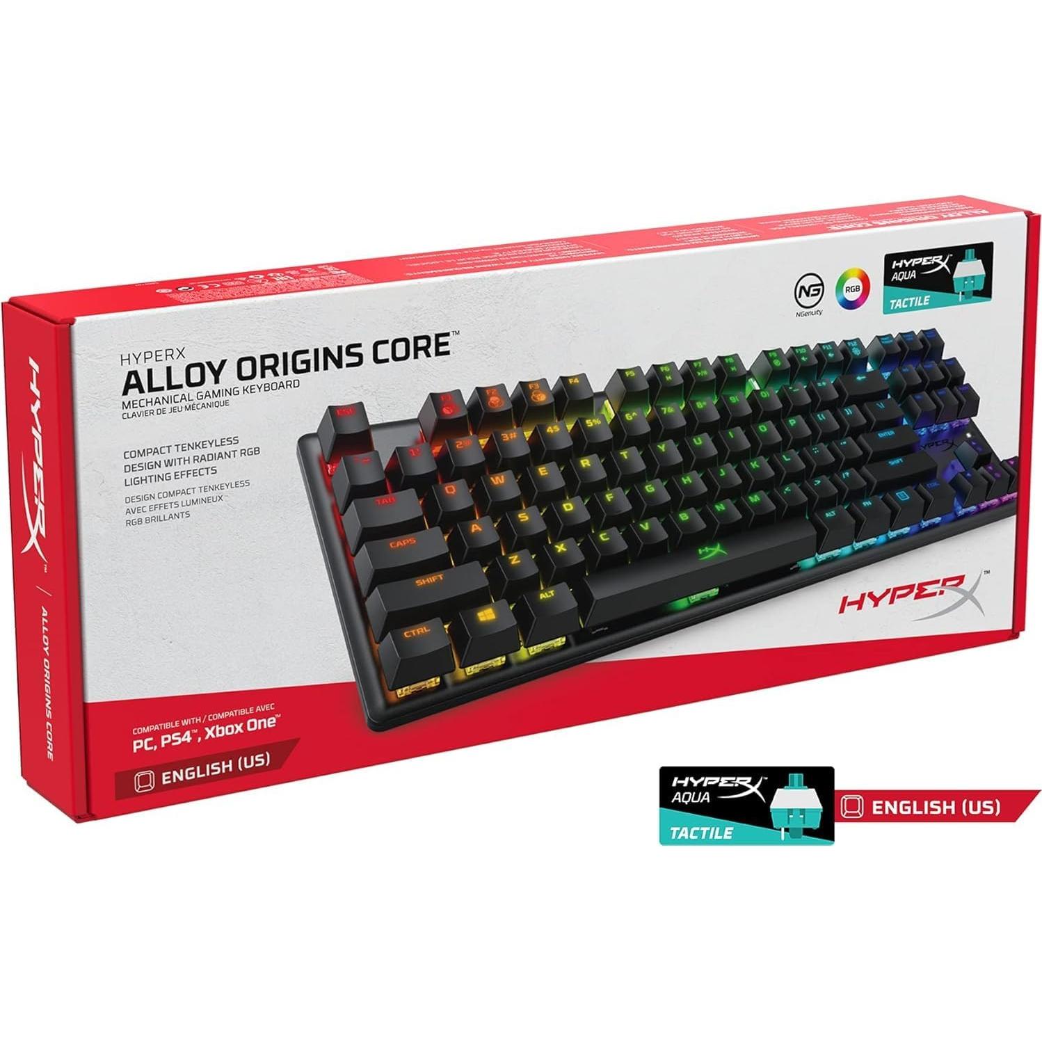 HyperX Alloy Origins Core Mechanical Gaming Keyboard Low Profile Aluminum Body Aqua Switch Tactile RGB Backlit for Xbox Series PS5 PS4 Computer PC Gaming Keyboards Tenkeyless Compact, Black (Renewed)