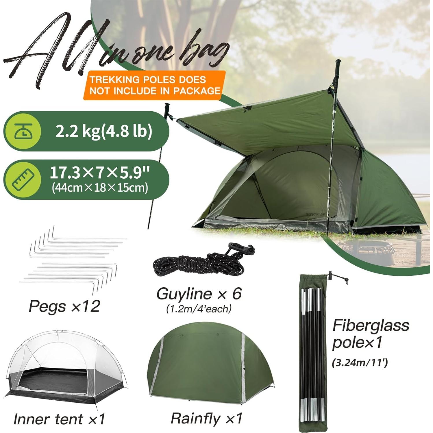 Tienda de Camping Forceatt para 1 Persona, 3 Temporadas, Verde