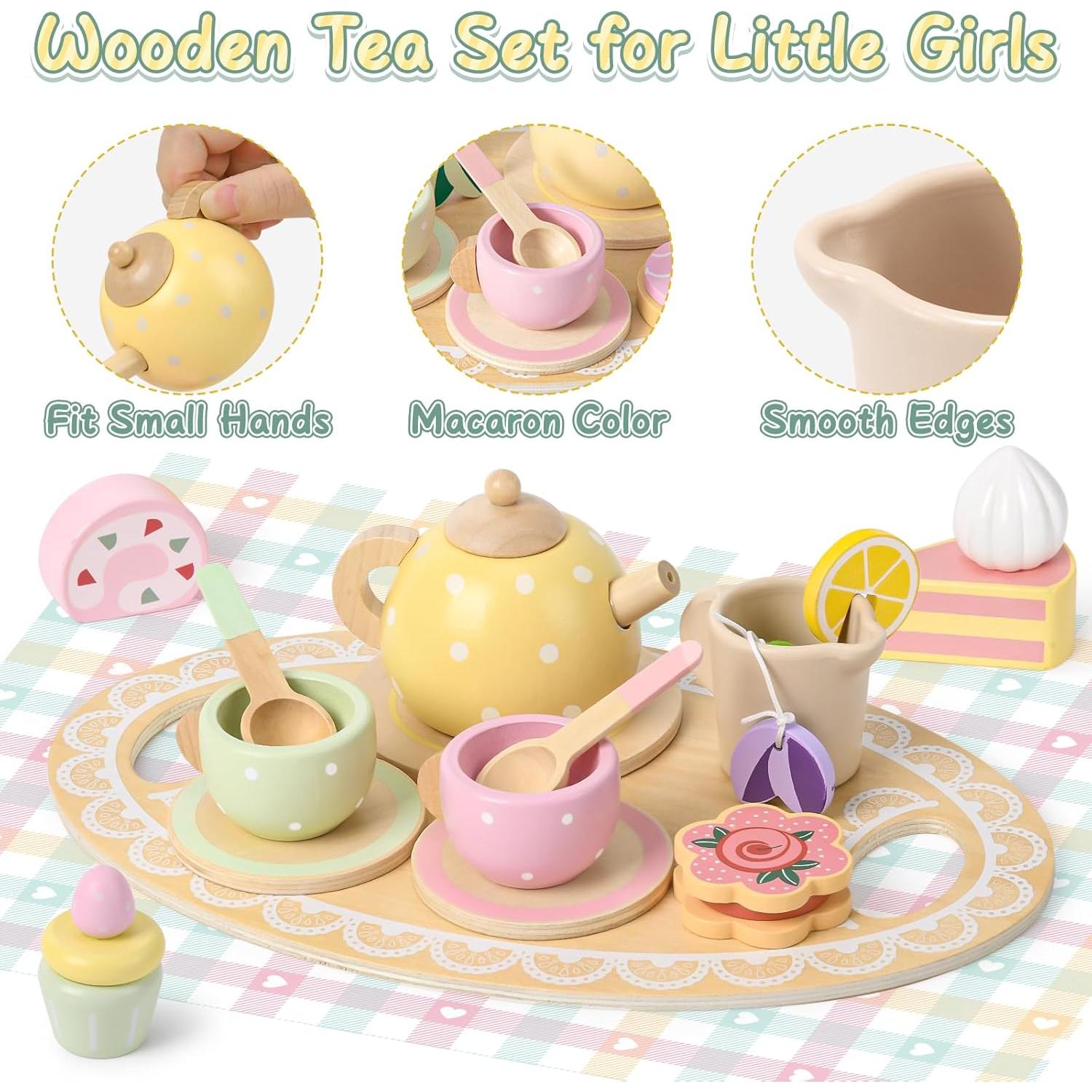 Juego de Té de Madera Lonico para Niñas 3 a 6 Años