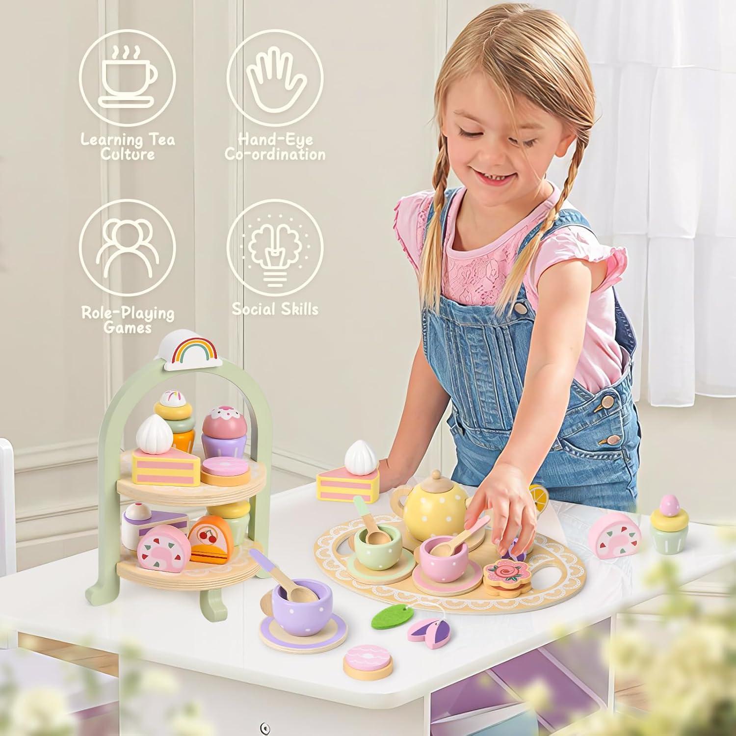 Juego de Té de Madera Lonico para Niñas 3 a 6 Años