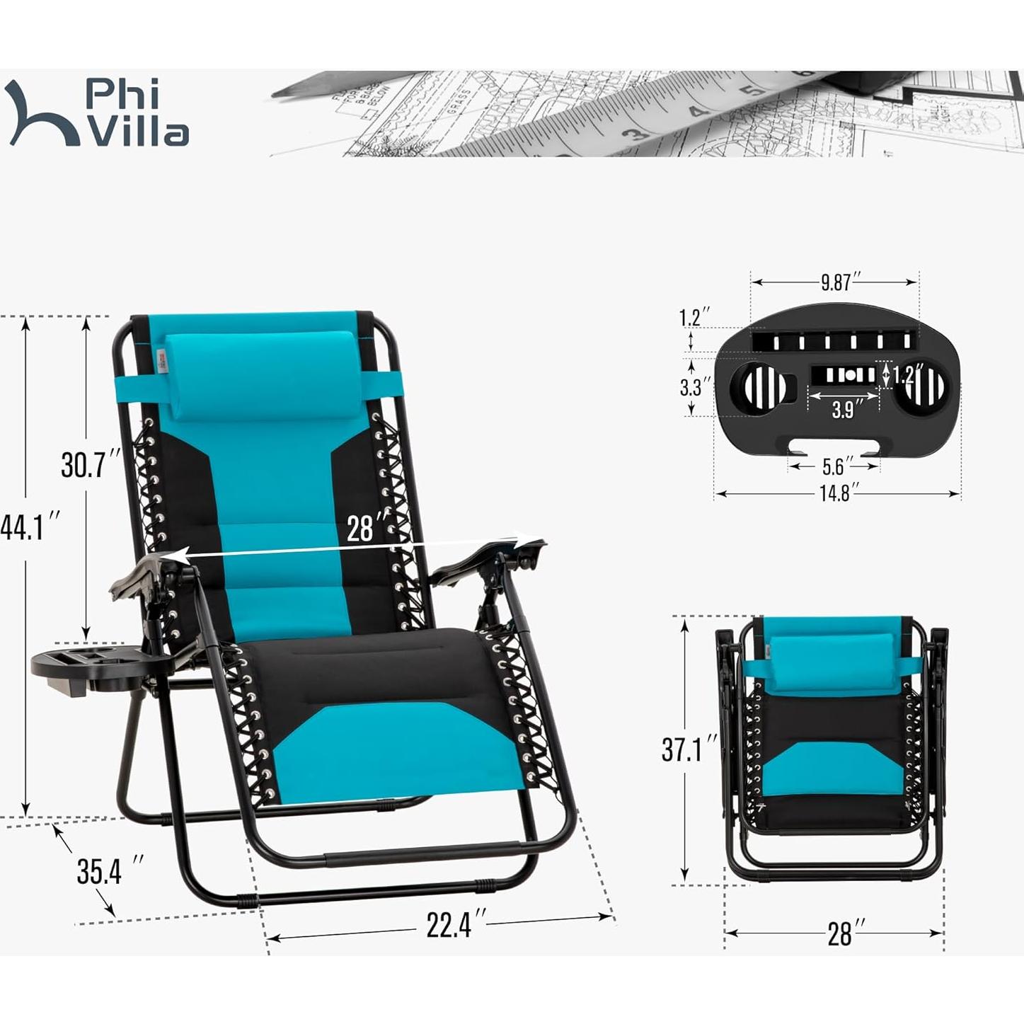 PHI VILLA XXL Oversized Padded Zero Gravity Chair, Foldable Patio Recliner, 28" Wide Seat Anti Gravity Lounger with Cup Holder, Set of 2, Support 400 LBS (Aqua)