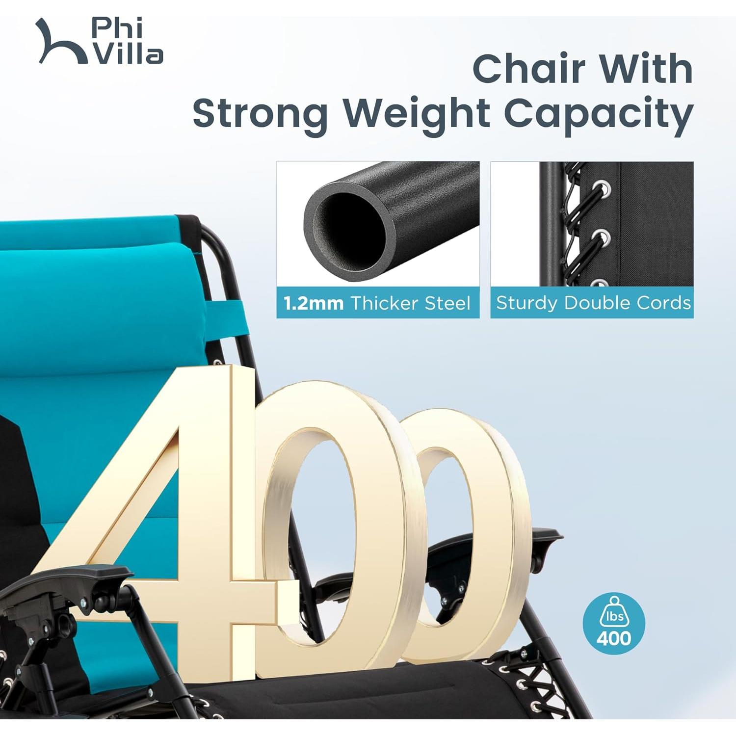 PHI VILLA XXL Oversized Padded Zero Gravity Chair, Foldable Patio Recliner, 28" Wide Seat Anti Gravity Lounger with Cup Holder, Set of 2, Support 400 LBS (Aqua)