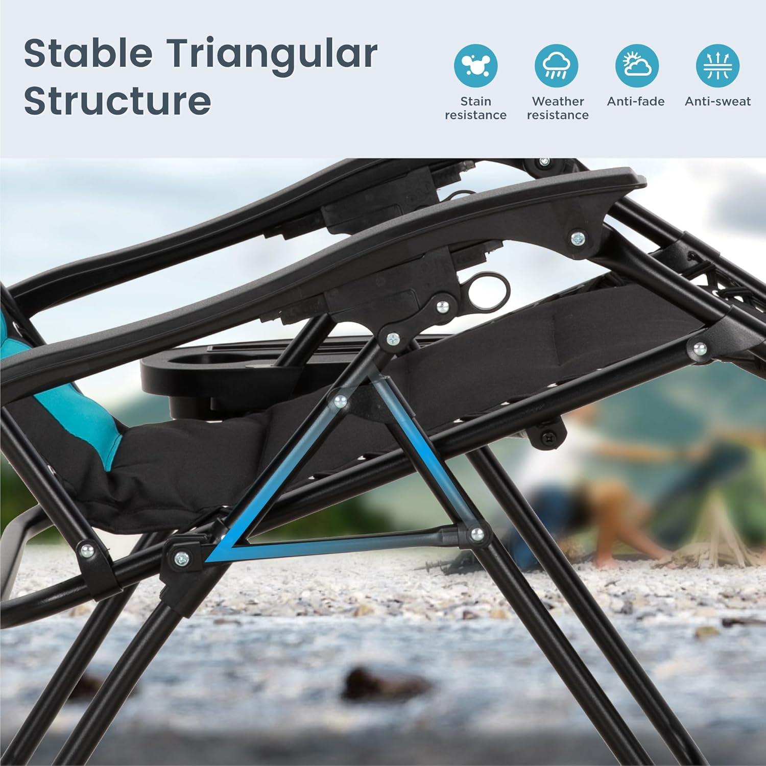 PHI VILLA XXL Oversized Padded Zero Gravity Chair, Foldable Patio Recliner, 28" Wide Seat Anti Gravity Lounger with Cup Holder, Set of 2, Support 400 LBS (Aqua)