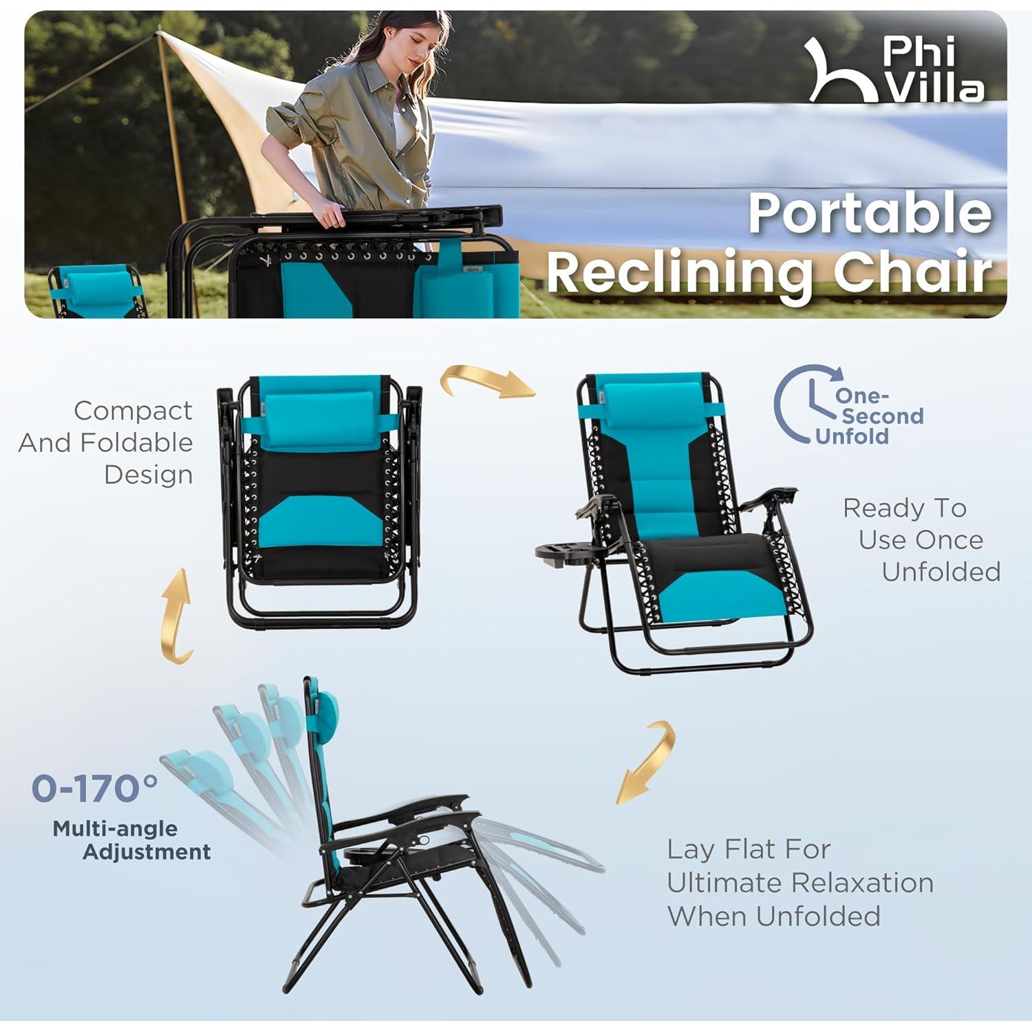 PHI VILLA XXL Oversized Padded Zero Gravity Chair, Foldable Patio Recliner, 28" Wide Seat Anti Gravity Lounger with Cup Holder, Set of 2, Support 400 LBS (Aqua)