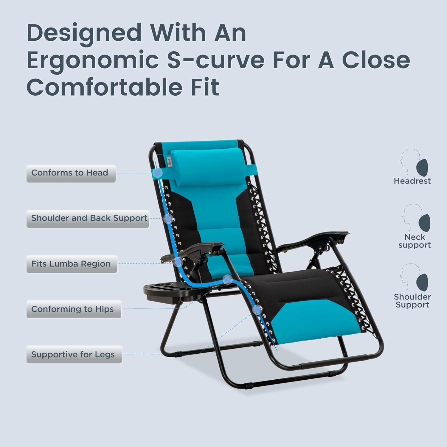 PHI VILLA XXL Oversized Padded Zero Gravity Chair, Foldable Patio Recliner, 28" Wide Seat Anti Gravity Lounger with Cup Holder, Set of 2, Support 400 LBS (Aqua)