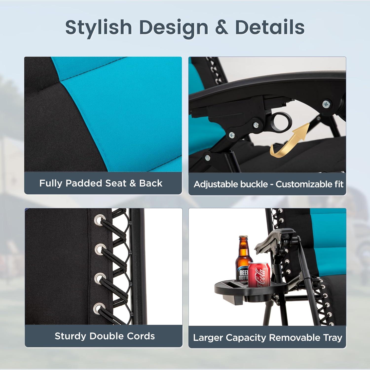 PHI VILLA XXL Oversized Padded Zero Gravity Chair, Foldable Patio Recliner, 28" Wide Seat Anti Gravity Lounger with Cup Holder, Set of 2, Support 400 LBS (Aqua)