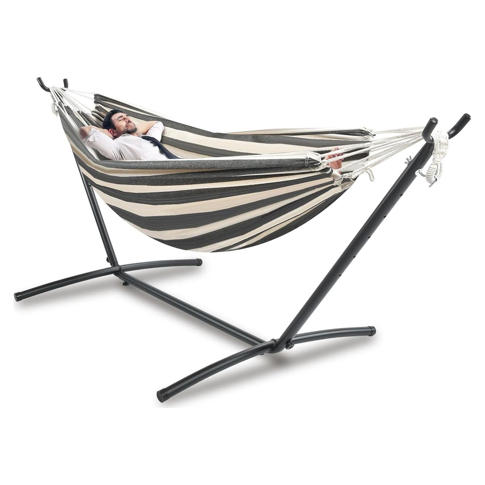 Double Hammock Comfortable with Stand for Hanging Sturdy 440lbs Capacity Hammock for Camping Outside Garden Outdoor Indoor Patio Backyard, Black and White