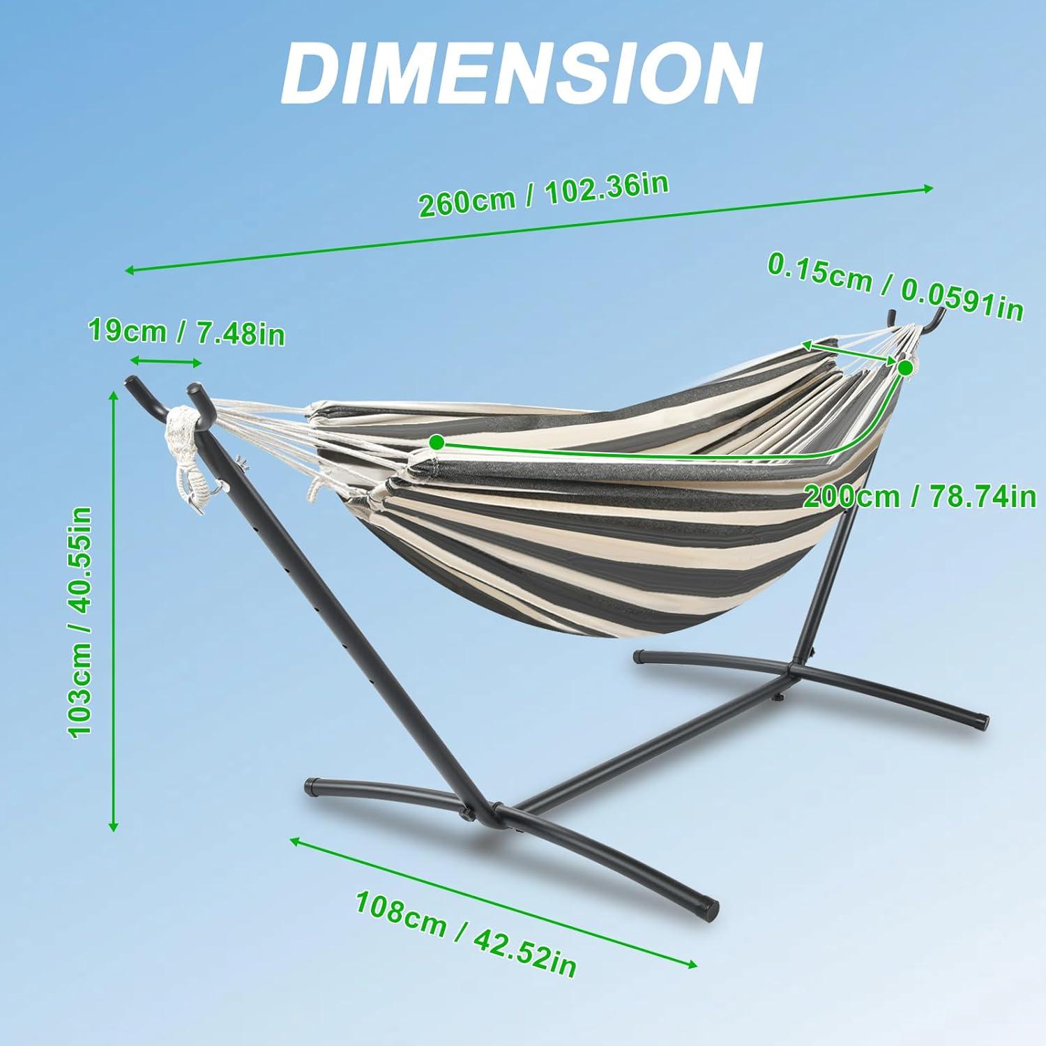 Double Hammock Comfortable with Stand for Hanging Sturdy 440lbs Capacity Hammock for Camping Outside Garden Outdoor Indoor Patio Backyard, Black and White