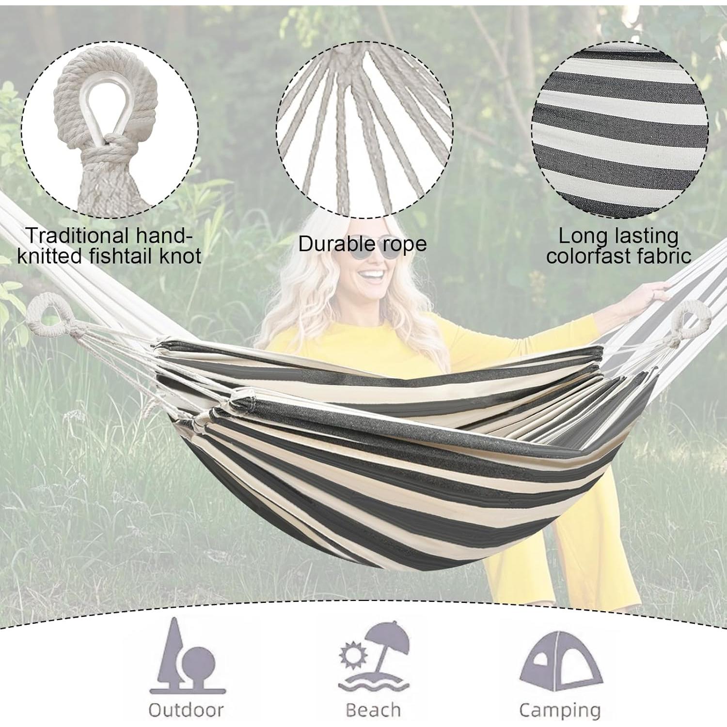 Double Hammock Comfortable with Stand for Hanging Sturdy 440lbs Capacity Hammock for Camping Outside Garden Outdoor Indoor Patio Backyard, Black and White