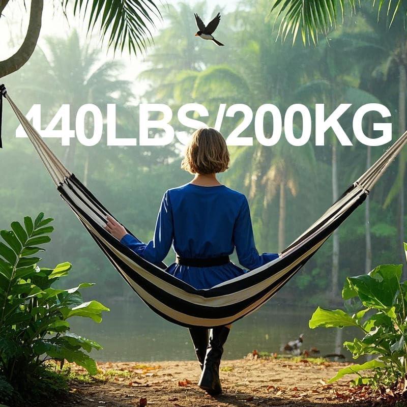 Double Hammock Comfortable with Stand for Hanging Sturdy 440lbs Capacity Hammock for Camping Outside Garden Outdoor Indoor Patio Backyard, Black and White