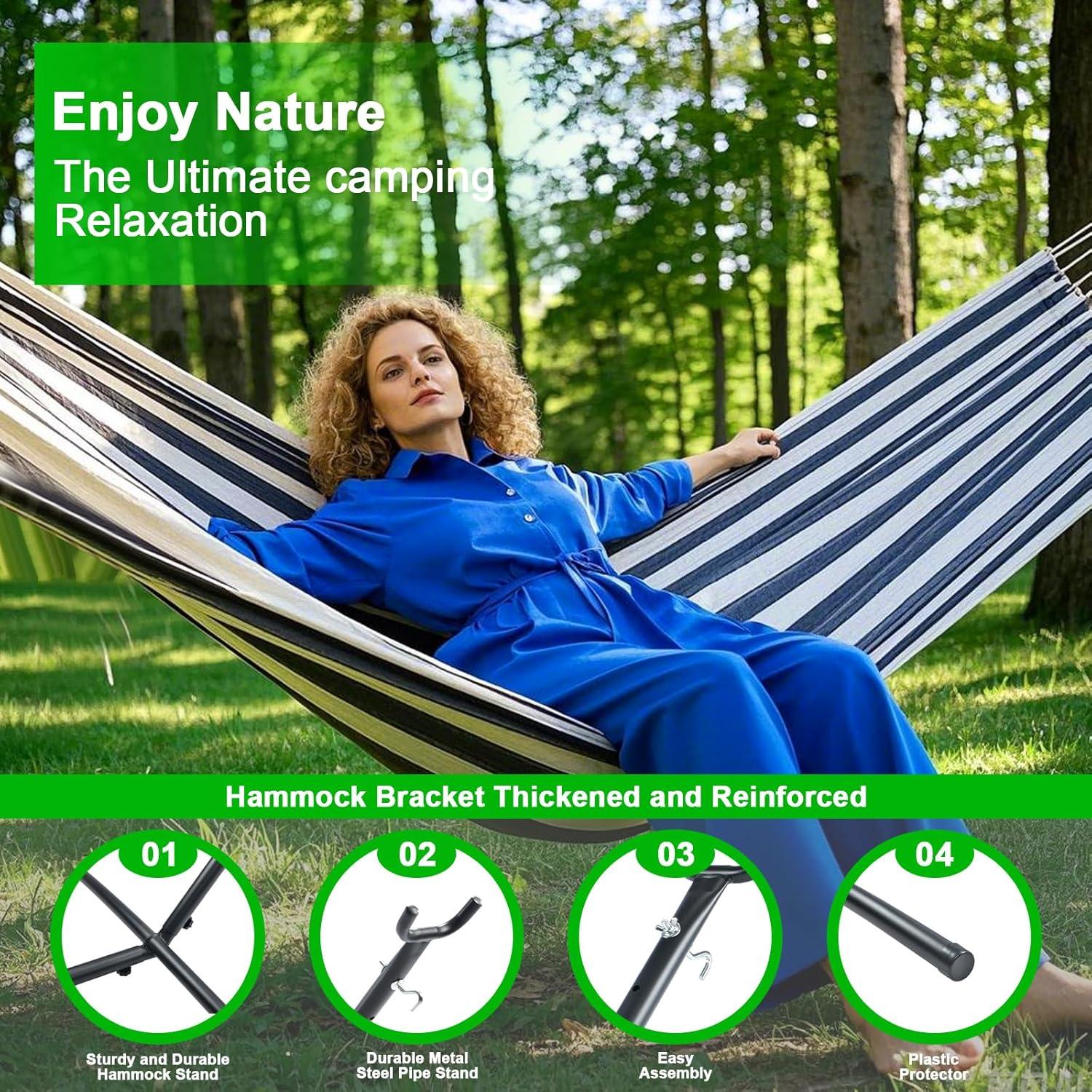 Double Hammock Comfortable with Stand for Hanging Sturdy 440lbs Capacity Hammock for Camping Outside Garden Outdoor Indoor Patio Backyard, Black and White
