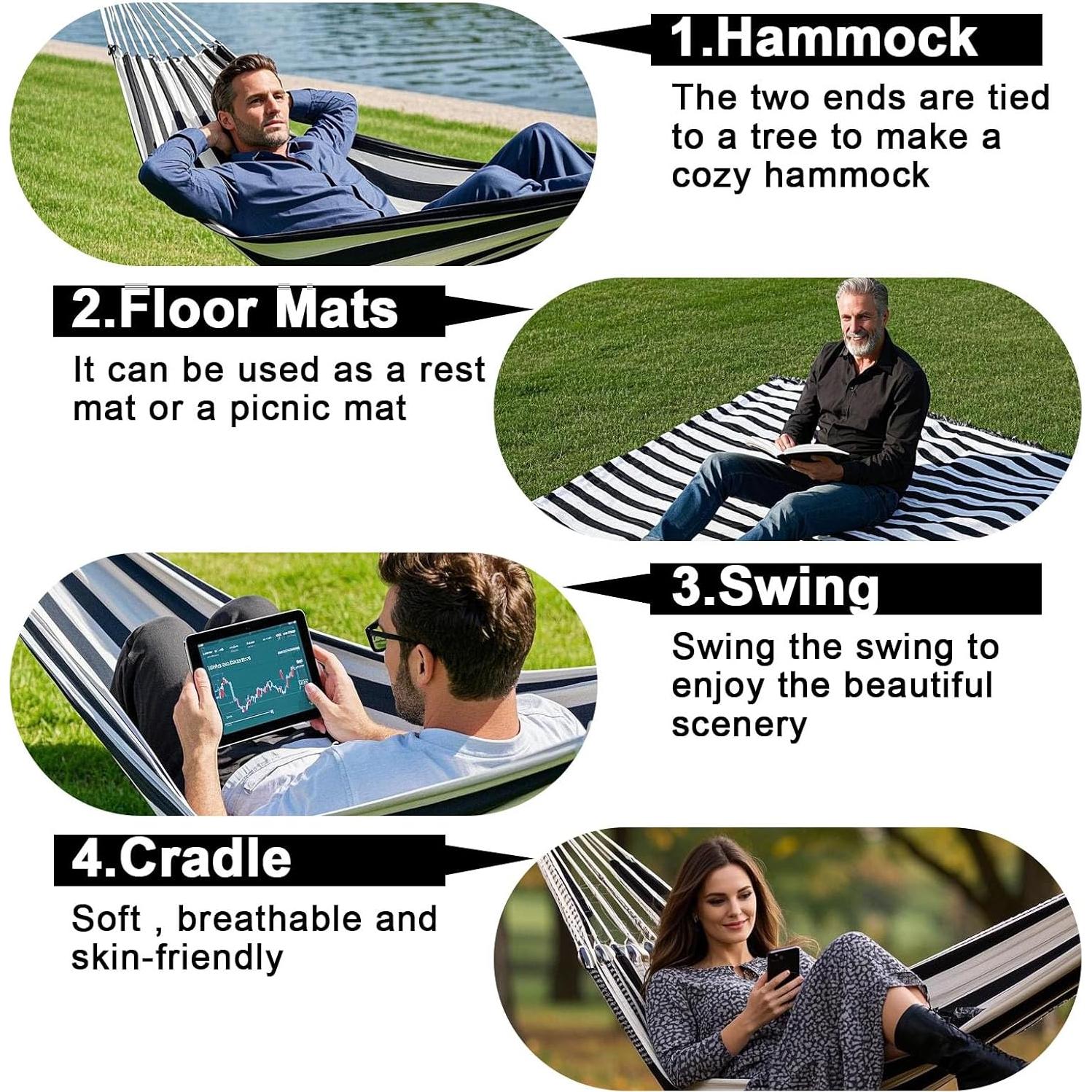 Double Hammock Comfortable with Stand for Hanging Sturdy 440lbs Capacity Hammock for Camping Outside Garden Outdoor Indoor Patio Backyard, Black and White