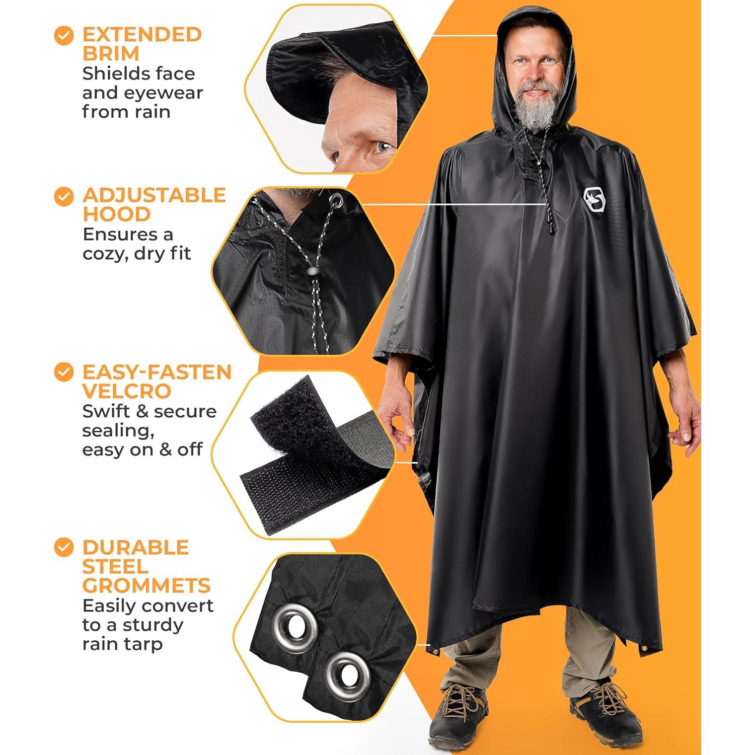 Poncho de Lluvia Foxelli Adulto Impermeable 2-Pack Negro