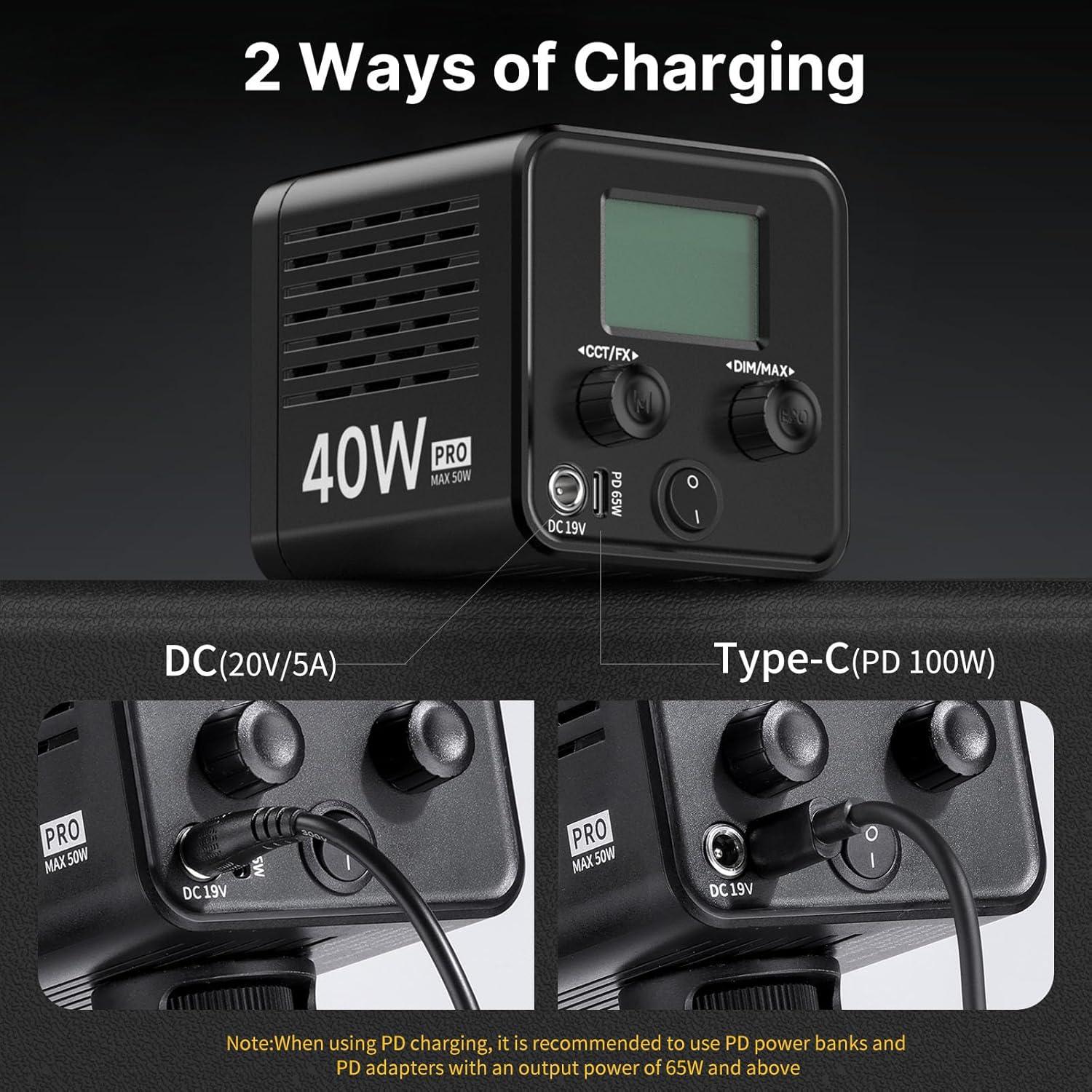 Ulanzi L023 40W Pro LED Video Light w Built-in 3400mAh Battery & PD Fast Charging, Portable Overlock 50W Cob Light, Handheld Bicolor 2500K-6000K Continuous Output Lighting with 8 Scenes for Video