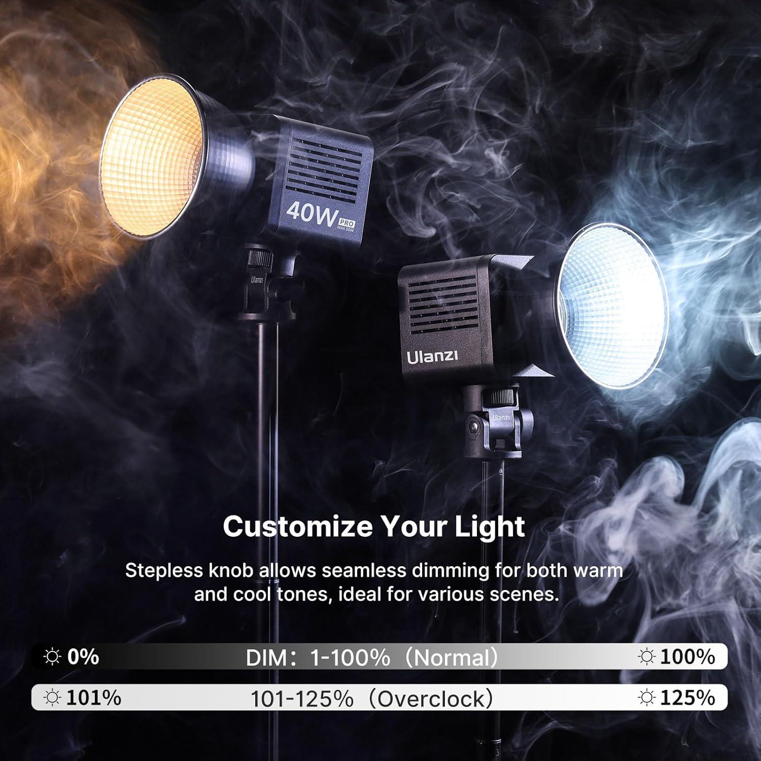 Ulanzi L023 40W Pro LED Video Light w Built-in 3400mAh Battery & PD Fast Charging, Portable Overlock 50W Cob Light, Handheld Bicolor 2500K-6000K Continuous Output Lighting with 8 Scenes for Video
