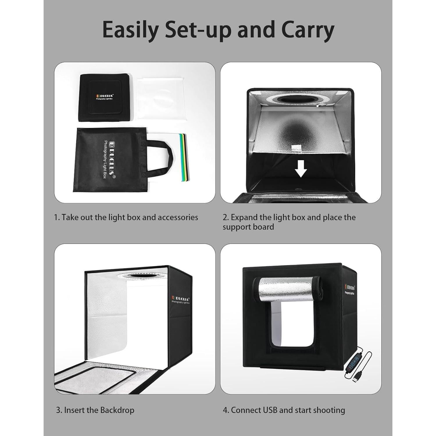 Caja de Luz Fotográfica DUCLUS 10"x10" con 104 LED y 6 Fondos