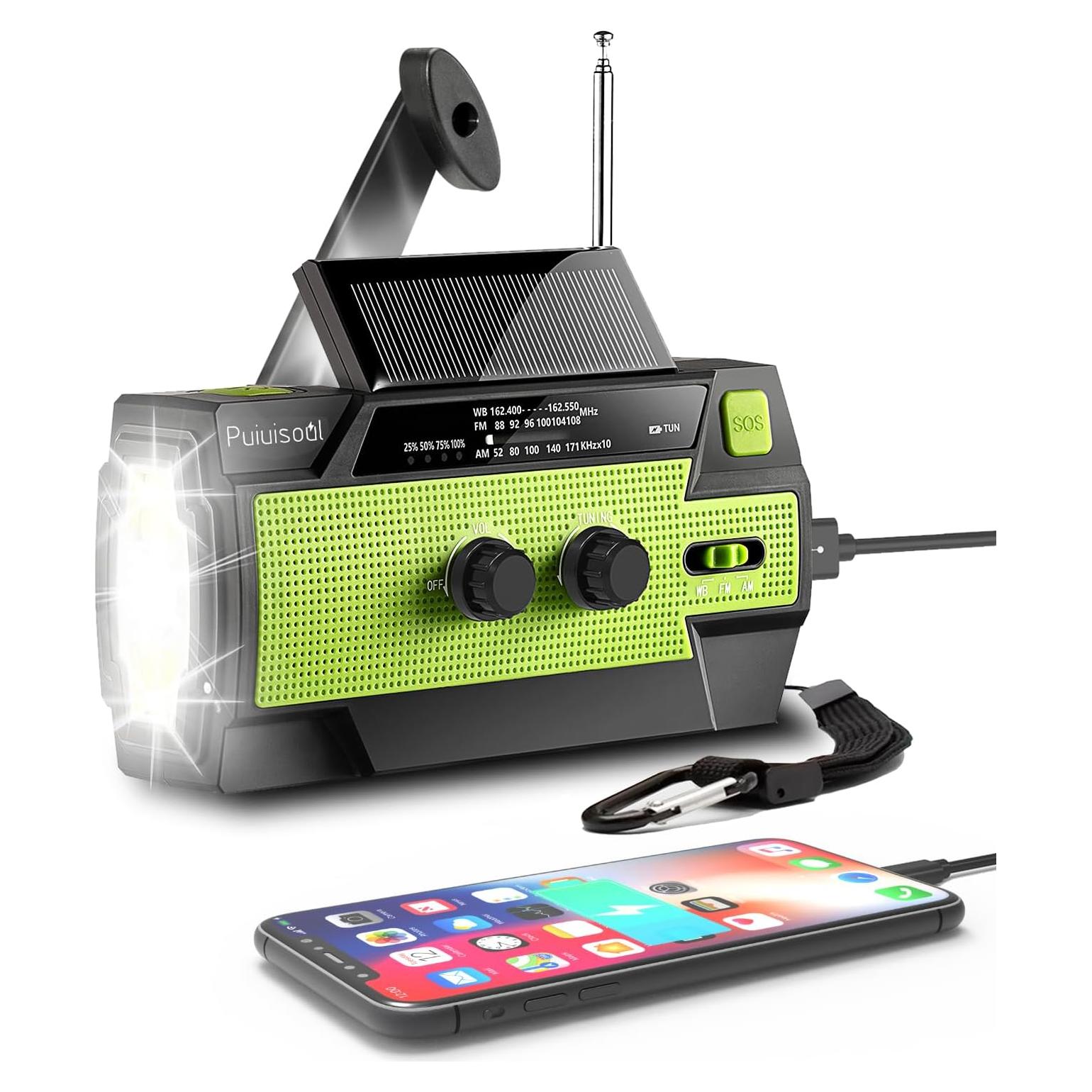 Emergency-Radio,Puiuisoul 4000mAh Weather Radios with Hand Crank & Solar Charging,Portable 3 Gear LED Flashlight,SOS Alarm, AM/FM/NOAA,Motion Sensor Reading Lamp