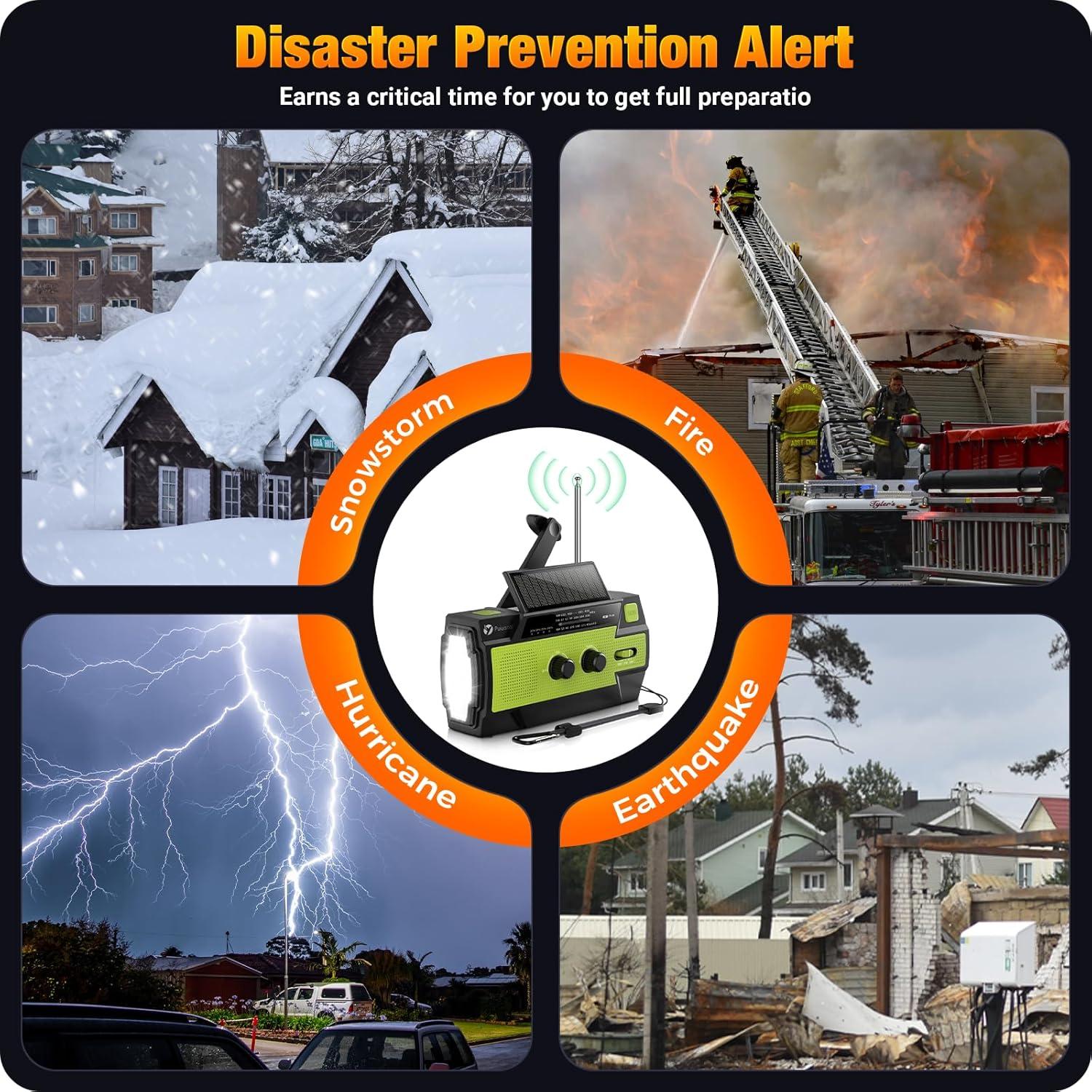 Emergency-Radio,Puiuisoul 4000mAh Weather Radios with Hand Crank & Solar Charging,Portable 3 Gear LED Flashlight,SOS Alarm, AM/FM/NOAA,Motion Sensor Reading Lamp