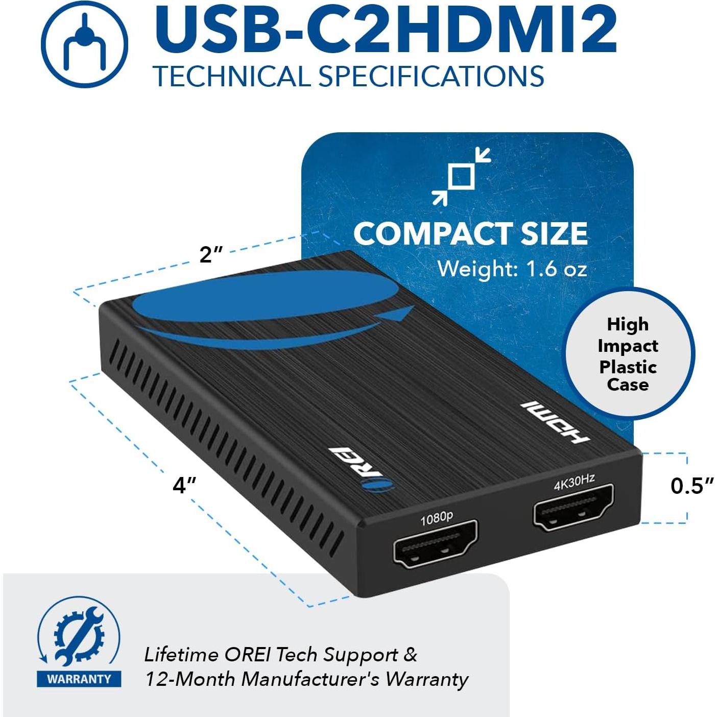 OREI Adaptador HDMI Doble Monitor 4K USB-C y USB-A