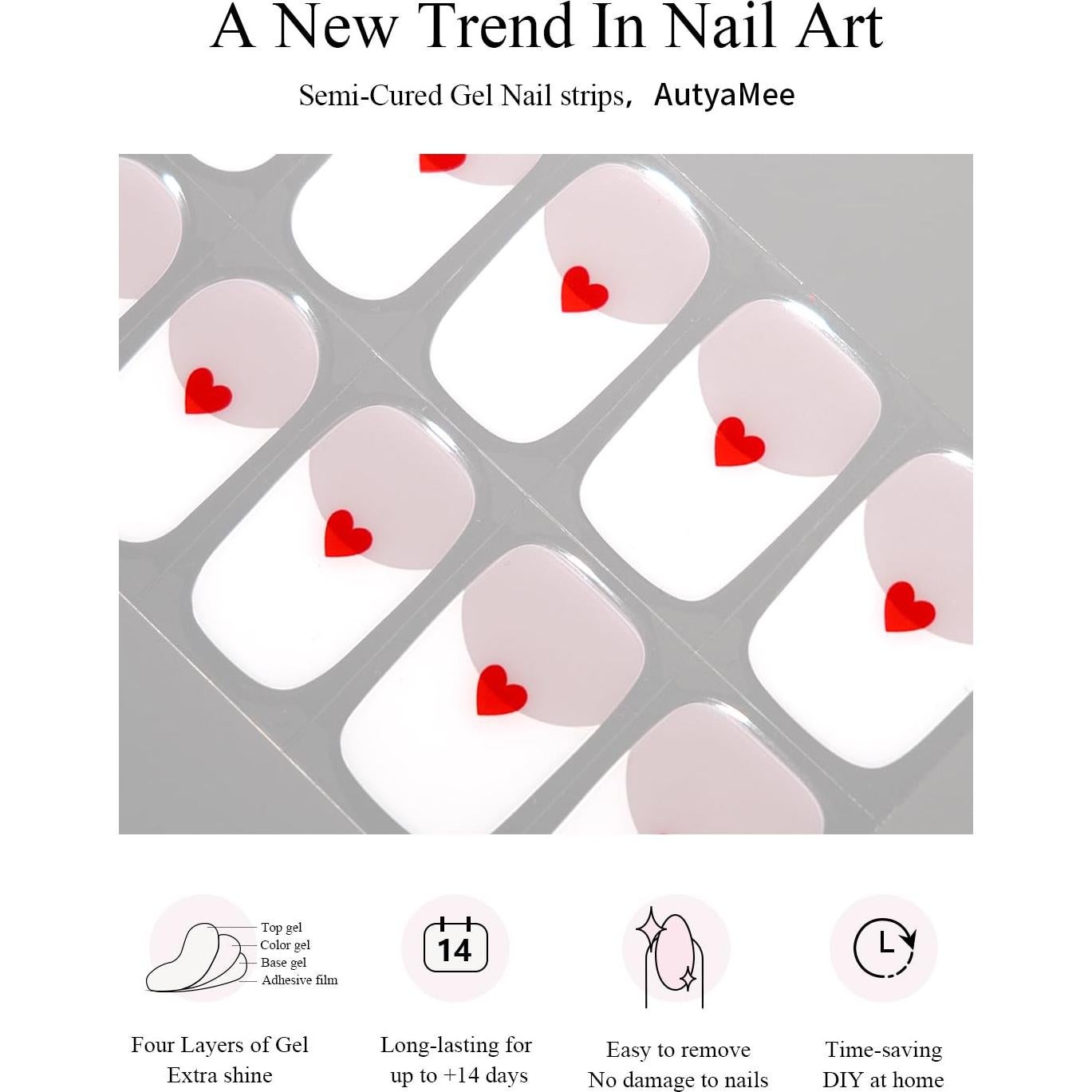 Tiras de Uñas de Gel Semi-Curado AutyaMee 20 Piezas Calidad Salón