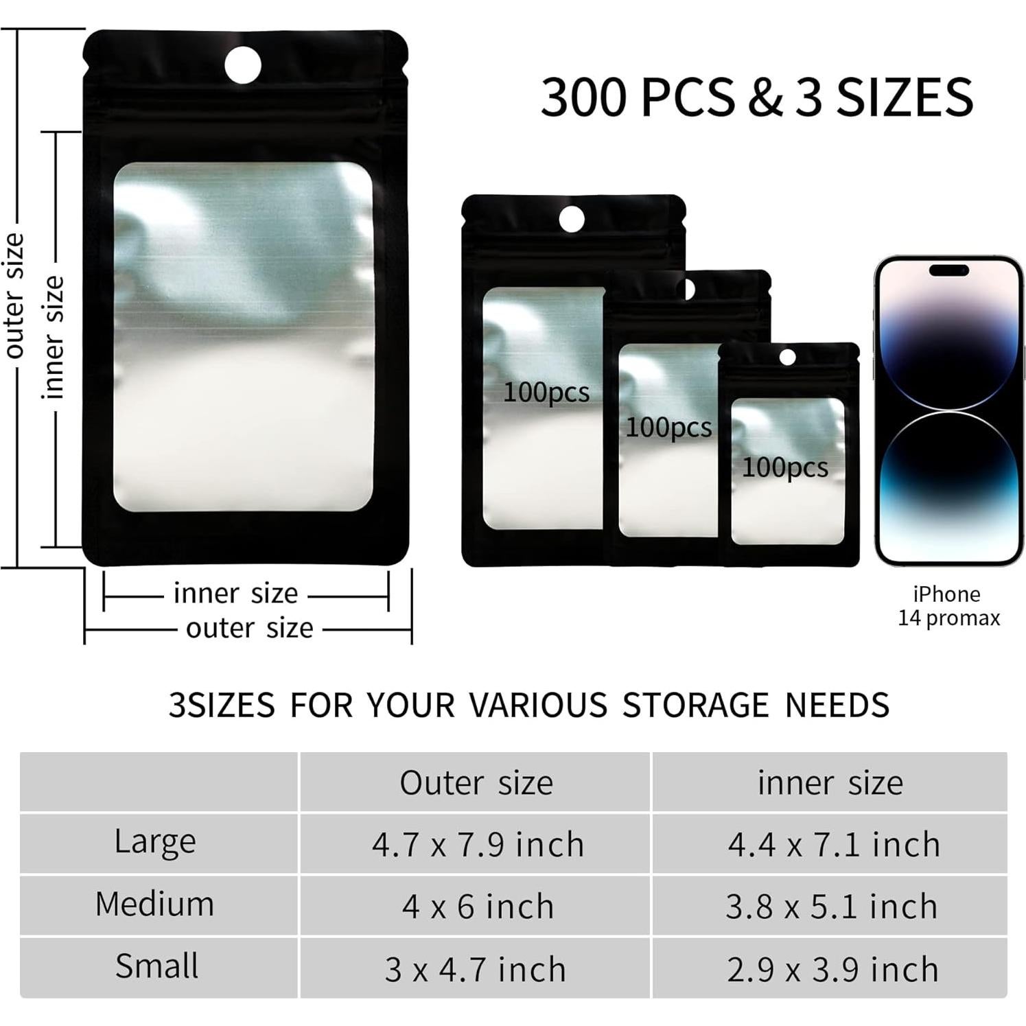 Paquete de 300 Bolsas Mylar Reutilizables Funnyleaf 3 Tamaños